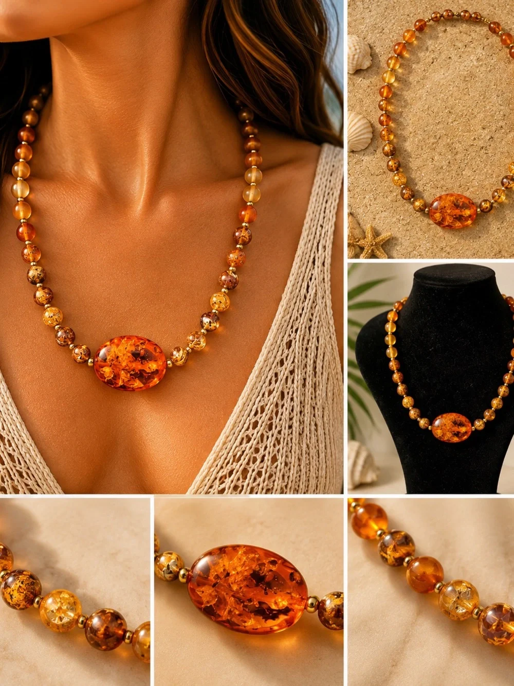 2 Sunset Amber Beaded Pendant Necklaces  - Yellow & Amber